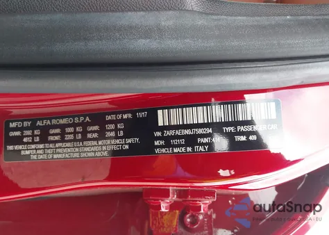 2018 Alfa Romeo Giulia Rwd from USA, damaged, VIN ZARFAEBN9J7580294